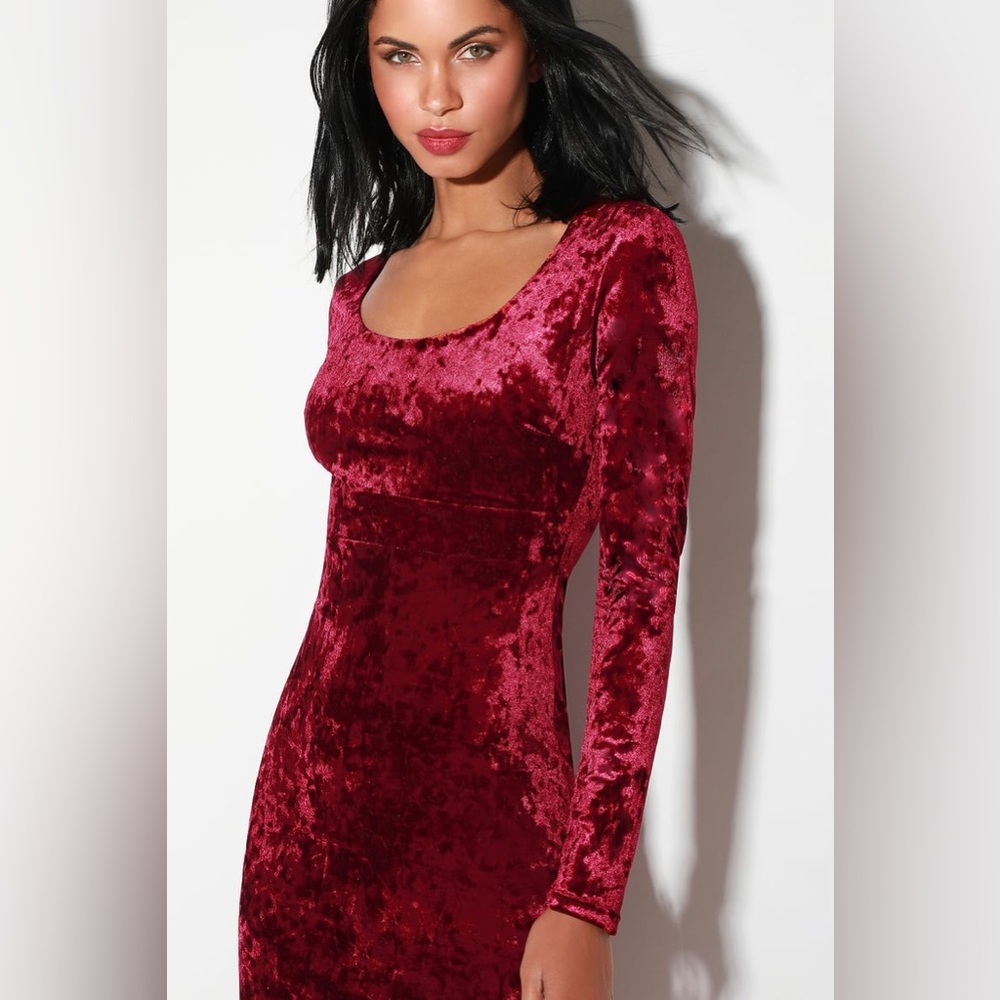 Cherish Me Wine Red Velvet Long Sleeve Bodycon Midi Dress - Size S - Picture 2 of 6